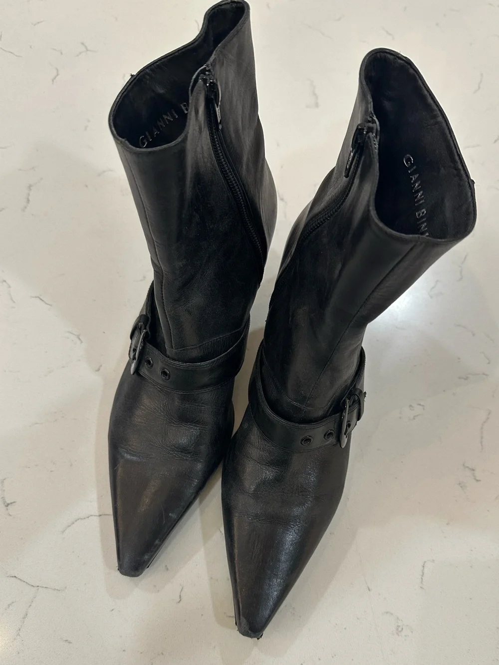 Gianni Bini Black Pointed Leather Ankle Booties with Buckle Strap- 8